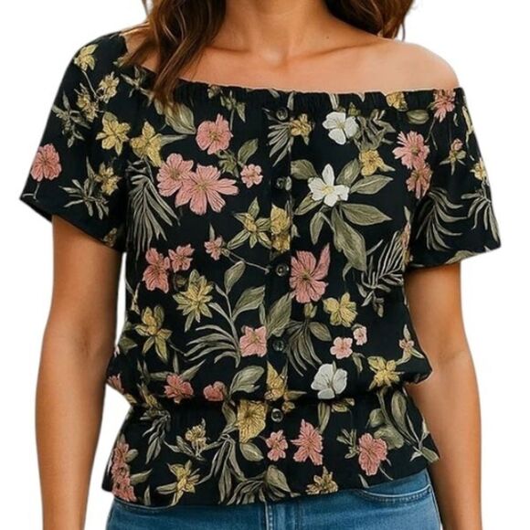 Liz Claiborne Tropical Floral Square Neck Blouse (XL Petite) Off the Shoulder - Picture 2 of 11